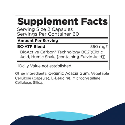 Supplement label, Table of content, BC-ATP Blend 550mg, BioActive Carbon technology BC2 (Citric Acid, Humic Shale), Containg Fulvic Acid