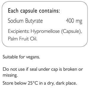 Supplement facts for my postbiotic butyrate 120c listing ingredients including Butyrate, Sodium