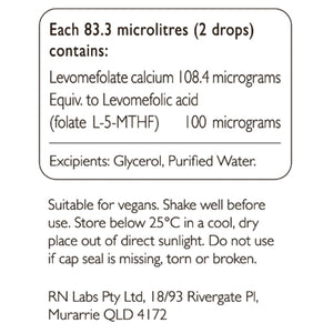 Supplement facts for folate 100 drops 30ml listing ingredients including Folate, L-5-MTHFR, L-5-Methyltetrahydrofolic acid, L-5-methyltetrahydrofolate, Methyltetrahydrofolate