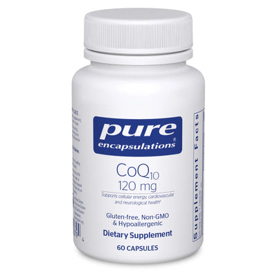 A Supplement container with the name  CoQ10 120mg (60 Caps) by Pure Encapsulation