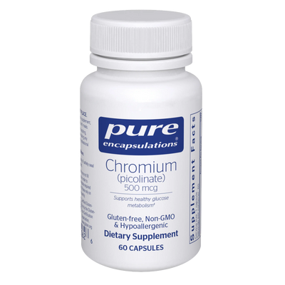 A Supplement container with the name Chromium Picolinate 500mcg by Pure Encapsulations. 