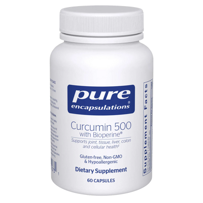 A Supplement container with the name Curcumin 500 with Bioperine by Pure Encapsulations.