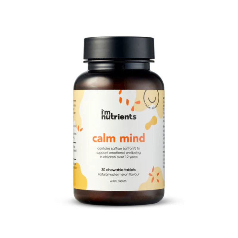 A Supplement container with the name Calm Mind (30 Chewable Tabs) by I'm Nutrients.