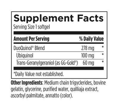 Text describing the ingredients: DuoQuinol Blend, Ubiquinol, Trans-Geranylgeraniol (as GG-Gold). 