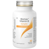 A image of a white bottle that says biomax vitamin B complex Liposomal Activated B complex Timed Release Liposomal Delivery Health Supplemnt 30 Vegetable Capsules 