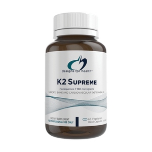 A Supplement container with the name K2 Supreme by Designs for Health.