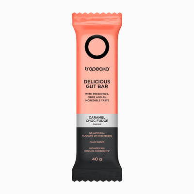 A Supplement Bar with the name Delicious Gut Bar (Caramel Choc Fudge ) (12 Bars) by Tropeaka.