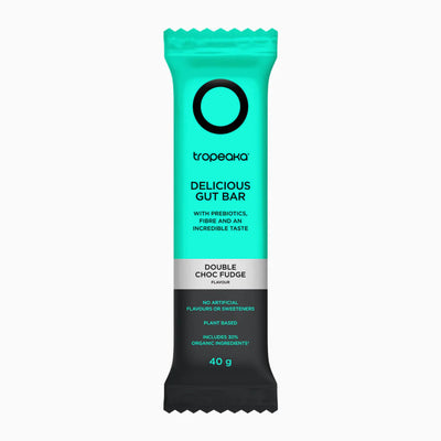 A Supplement Bar with the name Delicious Gut Bar (Double Choc Fudge ) (12 Bars) by Tropeaka.