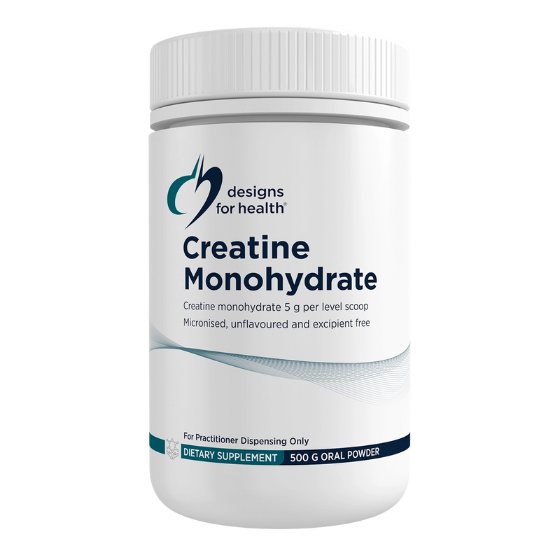 A Supplement container with the name Creatine Monohydrate 500g by Designs for Health.