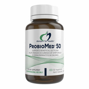 Image of a white supplement bottle that says desigsn for health probiomed 50, supports beneficial gut flora helps reduce occurence of symptoms of eczema/dermatitis in children 30 vegetarian hard capsules 