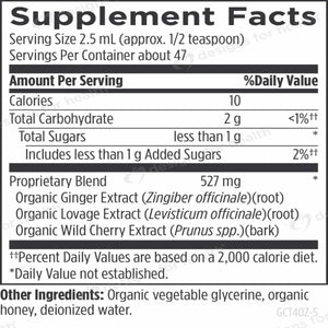 Text describing the ingredients: Proprietary Blend, Organiv Ginger Extract, Lovage Extract, Wild Cherry Extract, organic vegetable glycerine, organic honey, deionized water