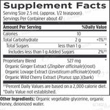 Text describing the ingredients: Proprietary Blend, Organiv Ginger Extract, Lovage Extract, Wild Cherry Extract, organic vegetable glycerine, organic honey, deionized water