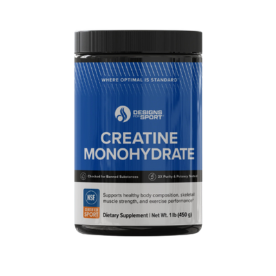 A Supplement container with the name Creatine Monohydrate by Designs for Sport.