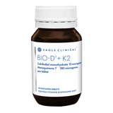 Image of a supplement bottle that says, eagle clinical BIO-D + K2 
Calcifediol monohydrate 10 micrograms Menaquine 7 180 micrograms per tablet 60 uncoated tablets for practicioner dispensing only.