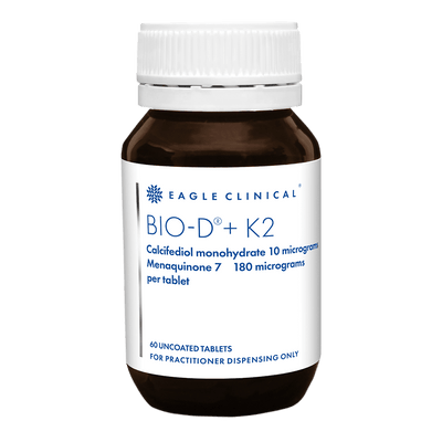 Image of a supplement bottle that says, eagle clinical BIO-D + K2 
Calcifediol monohydrate 10 micrograms Menaquine 7 180 micrograms per tablet 60 uncoated tablets for practicioner dispensing only.