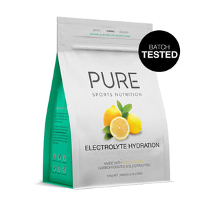 A Supplement container with the name Electrolyte Hydration ( Lemon) batch tested by Pure Sports Nutritin 