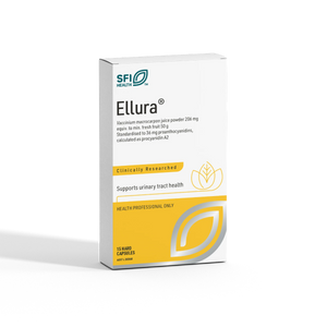 SFI Health Ellura supplement packaging Which says Elura Vaccinium macrocarpon uice powder 206mg equiv to min fresh fruit 50g standardised to 36 mg proanthocyanidins, calculated s procyanidin A2 clinically researched supports urinary tract health health professional only. 1 Hard Cspsules 