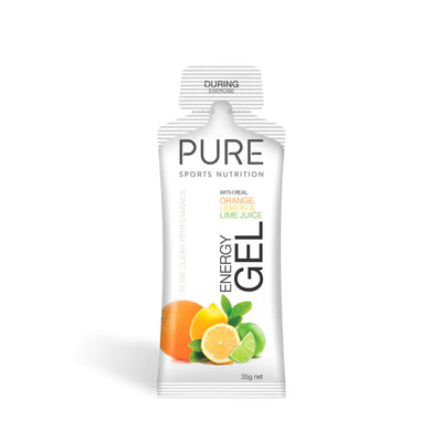  Supplement container with the name Pure Energy Gel (Orange Lemon & Lime Juice) by Pure Sports Nutrition.