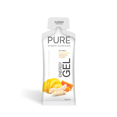 A Supplement container with the name Pure Energy Gel (Banana & Manuka Honey) by Pure Sports Nutrition.