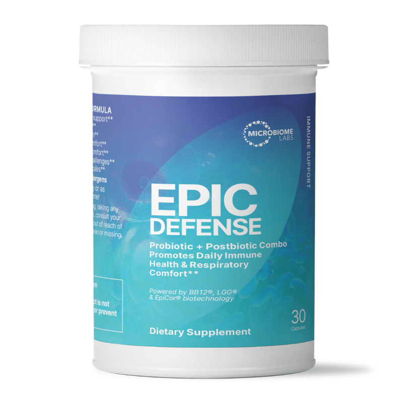 A Supplement container with the name Epic Defense by Microbiome Labs.