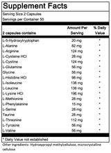 Text describing the ingredients: L-5_ Hydroxytryptophan, L-Alanine, L-Arginine, L-Cysteine HCI, L-Glutamine, Glycine, L-Histidine HCI, L-Isoleucine, L-Lysine HCI, L-Methionine, L-Phenylalanine, L-Serine, Taurine, L-Threonine, L-Tyrosine, L-Valine.