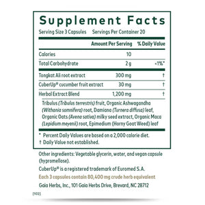 Ingredients: Tongkat Ali, Cucumber Fruit Extract, and Herbal Extract Blend Tribulus fruit, Organic Ashwagandha root, Damiana leaf, Organic Oats milky seed extract, Organic Maca root, Epimedium Leaf.
