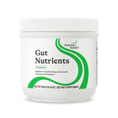 A Supplement container with the name Gut Nutrients by Seeking Health.