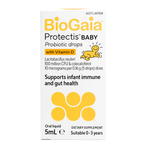A Supplement container with the name Protectis Baby Probiotic drops with vitamin D by BioGaia.