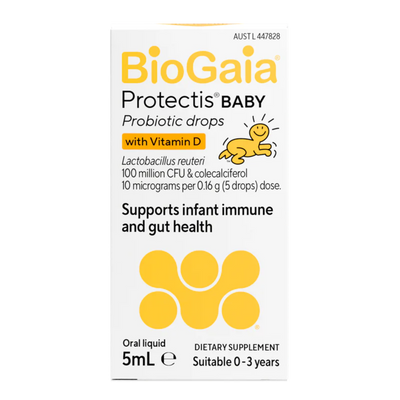 A Supplement container with the name Protectis Baby Probiotic drops with vitamin D by BioGaia.