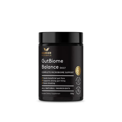 Image of a black supplement bottle which says harker herbals gutbiome balance daily compete microbiome support seeds benefical gut flora supports strong gut lining eases bloating all natural ingredients 