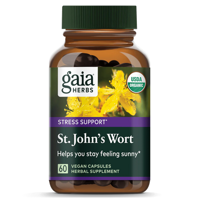 A Supplement container with the name St.John's Wort by Gaia Herbs. 