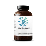 A white supplement bottle which says alright garlic assist dietary supplement 60 softgels for professional use only 