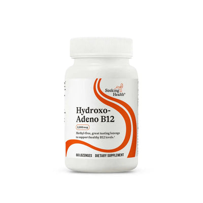 A supplement container with the name Hydroxo-Adeno B12 by Seeking Health.