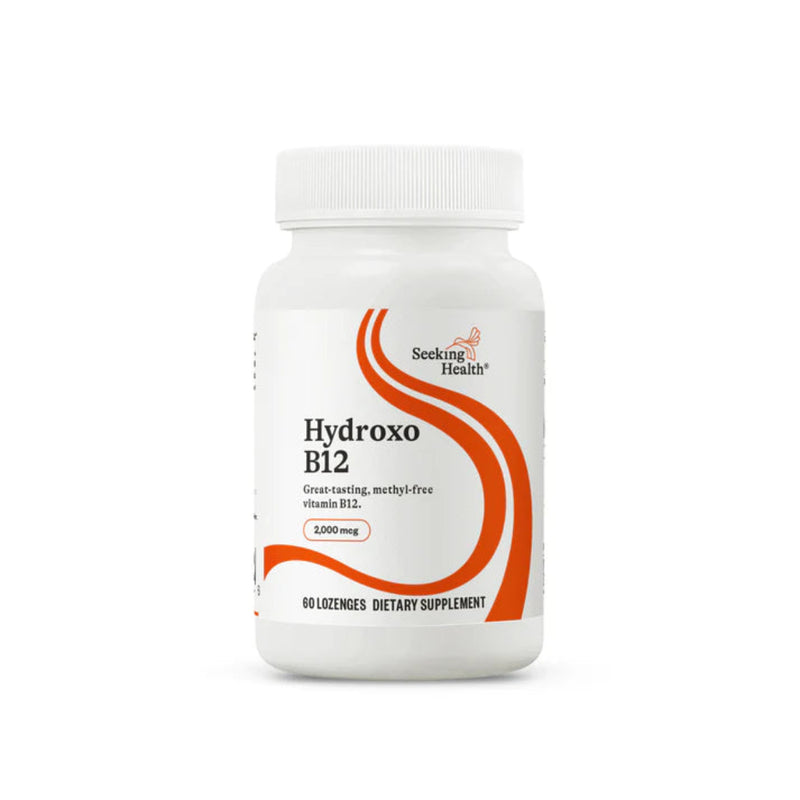 A supplement container with the name Hydroxo B12 by Seeking Health. 