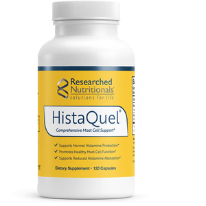 A Supplement container with the name HistaQuel by Researched Nutritional.