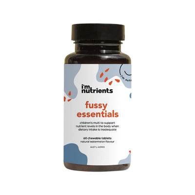 A Supplement container with the name Fussy Essentials ( 60 Tabs) by I'm Nutrients.