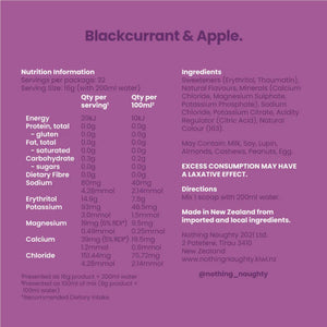 Text describing the ingredients: (blackcurrant & Apple)  Erythritol, Potassium, Magnesium, Calcium, Chloride.