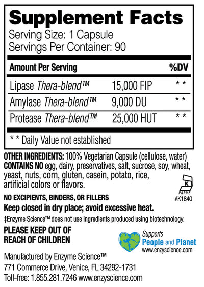 Text listing the ingredients including Lipase, Thera-blend, Amylase, Protease.