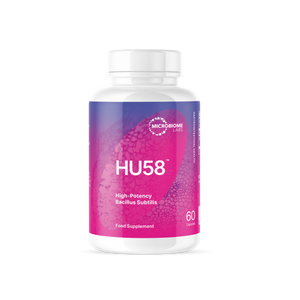 A Supplement container with the name HU58 High-potency Bacillus Subtilis by Microbiome Labs.