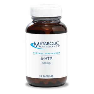 A Supplement container with the name 5-HTP (50mg) by Metabolic Maintenance.