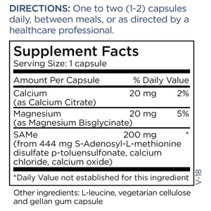 Supplement facts for SAMe 200mg 60c listing ingredients including Calcium, Calcium citrate, Magnesium, Magnesium bisglycinate, Methionine