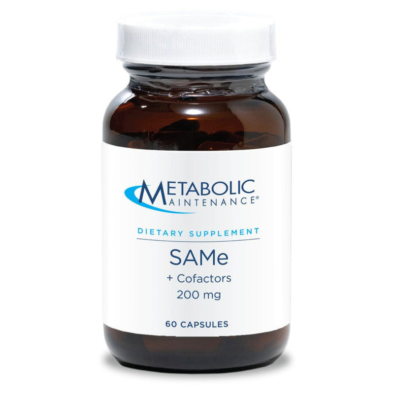 A Supplement container with the name SAMe + Cofactors by Metabolic Maintenance.