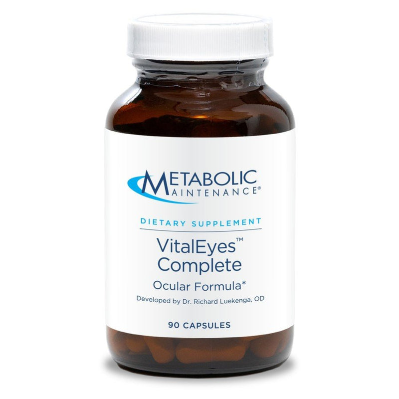A Supplement container with the name VitalEyes Complete Ocular Formula by Metabolic Maintenance.