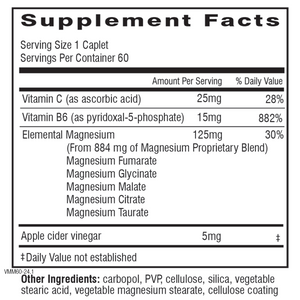 Text describing the ingredients: Vitamin C, B6, Magnesium Fumarate Glycinate, Malate, Citrate, Taurate, Apple cider vinegar.
