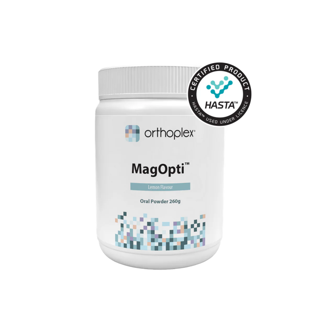 A Supplement container with the name MagOpti (260g) by Orthoplex 