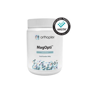 A Supplement container with the name MagOpti (260g) by Orthoplex 