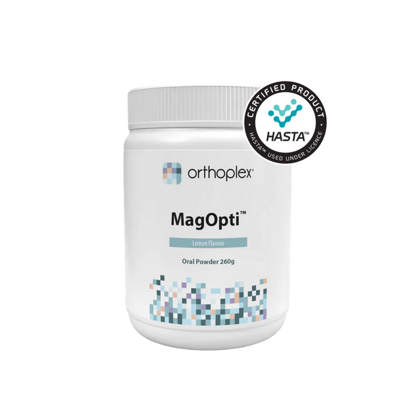 A Supplement container with the name MagOpti (260g) by Orthoplex 