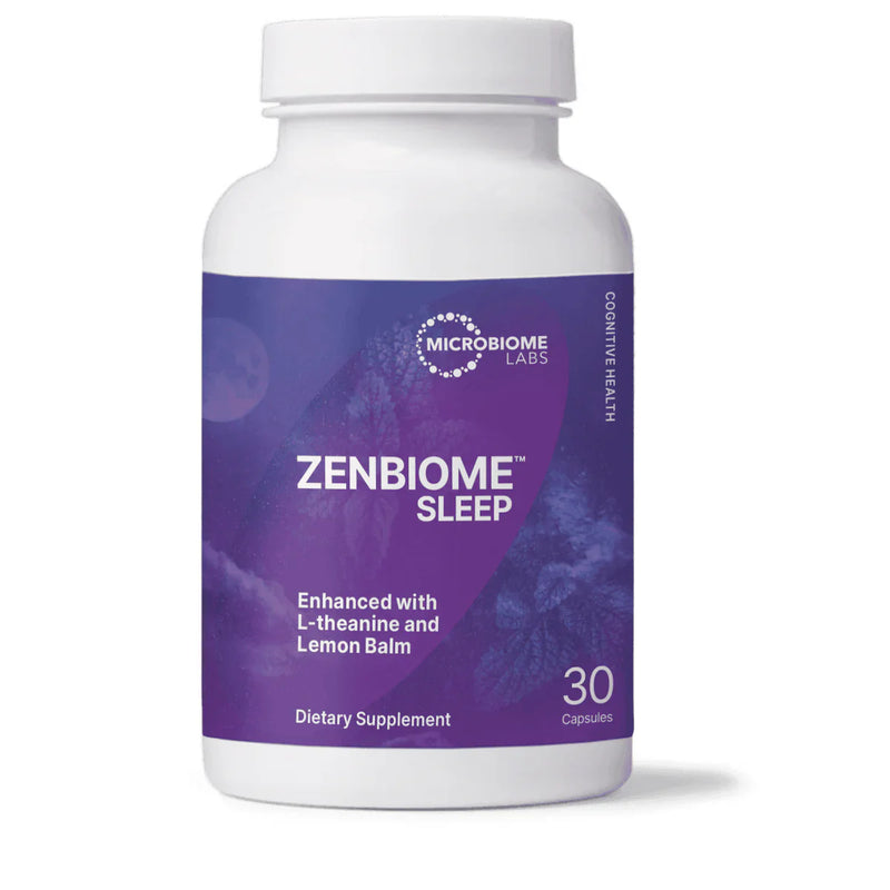 A Supplement container with the name ZenBiome Sleep by Micrbiome Labs.