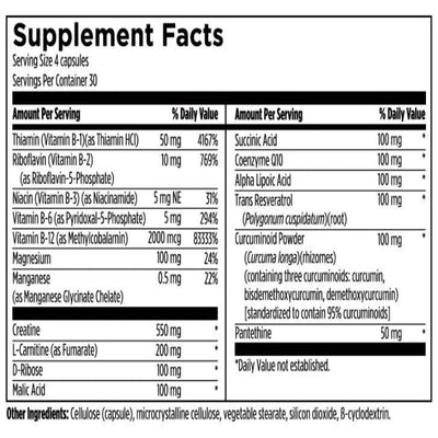 Text describing the ingredients: Thiamin, Riboflavin, Niacin, Vitamin B-6, B-12, Magnesium, Manganese, Creatine, L-Carnitine, D-Ribose, Malic Acid, Succinic Acid, Coenzyme !Q10, Alpha Lipoic Acid, Trans Resveratrol, Curcuminoid Powder, Pantethine