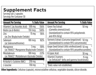 Supplement facts label with various nutrients and their amounts per serving.